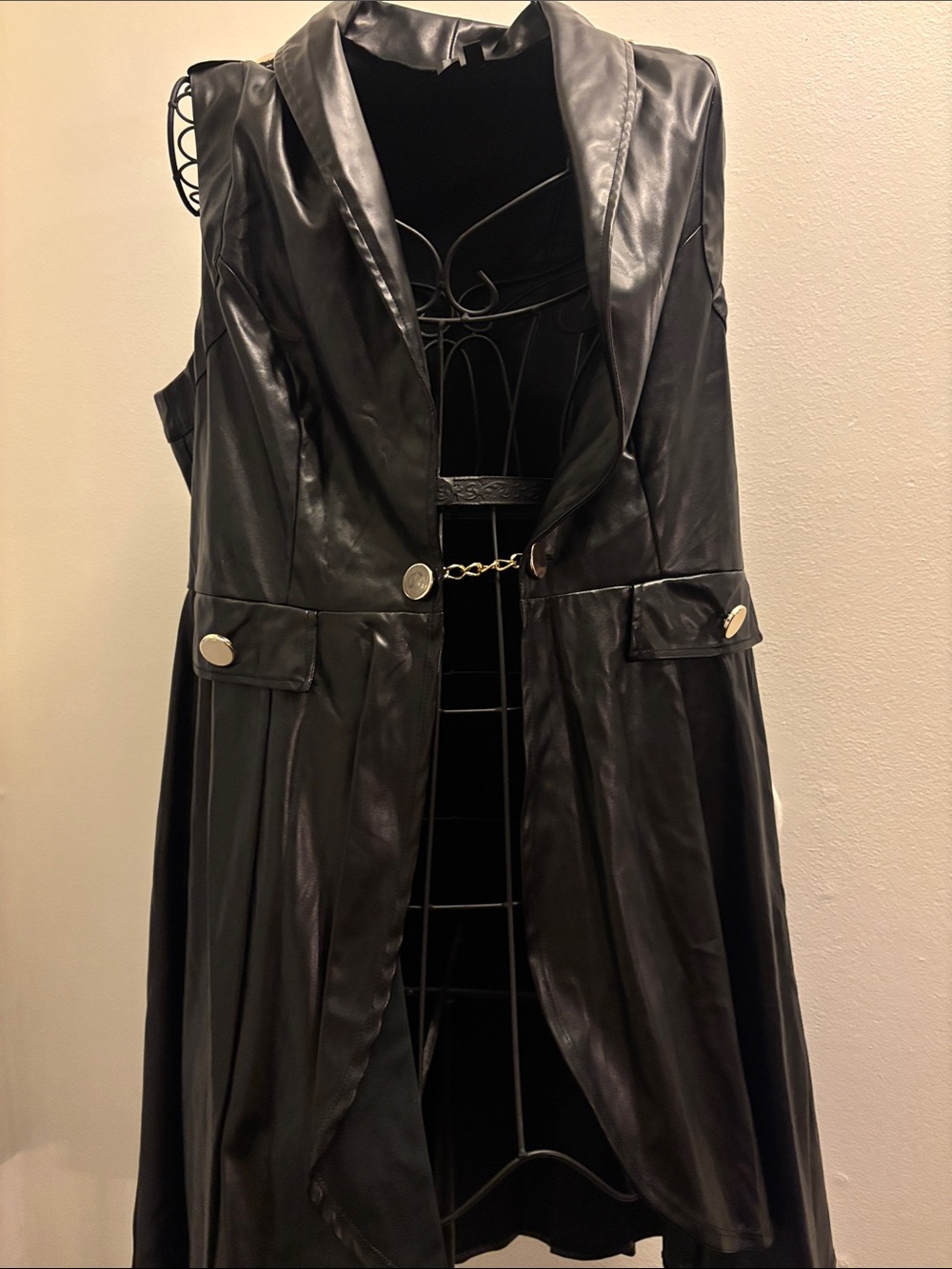 Black Faux Leather Long Vest with Chain Detail